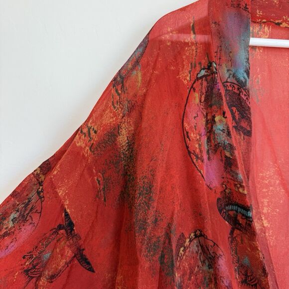 Chicos Womens Sz 1 M/8 Red Silk Asian Lantern Kimono Open Tie Front Blouse Top - Picture 3 of 12
